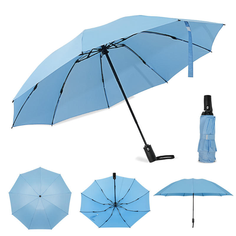 25 Inches 9 Ribs Automatic Open Fiberglass Sun Rain Three Folding Umbrella